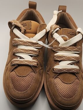 UGG womens Lowmel low lace  Brown Suede & Mesh Lace-Up Sneakers with Cream Laces